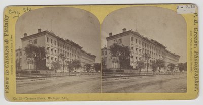 1871年のシカゴ火災の前にミシガンアベニューのテラスブロックの立体写真 作： P.B. Greene